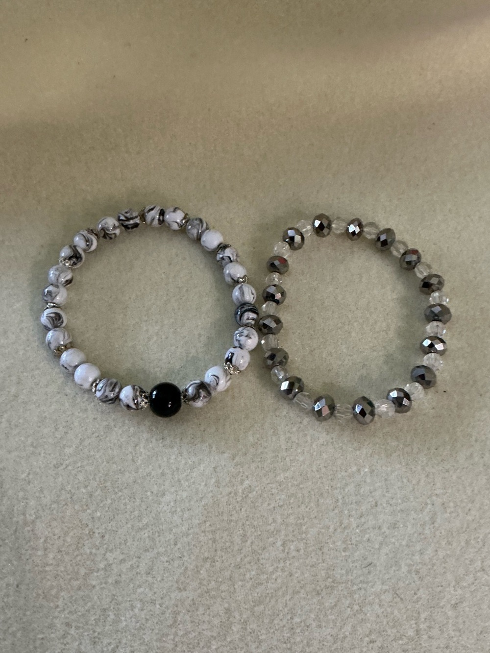Marble Bead and Faceted Hematite Stretch Bracelet Set